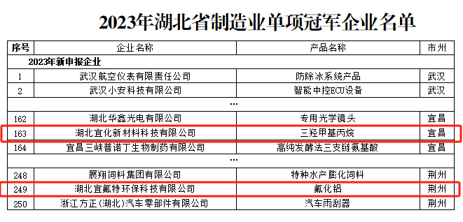 宜化新材料、宜氟特環(huán)保公司獲評2023年湖北省制造業(yè)單項冠軍企業(yè)