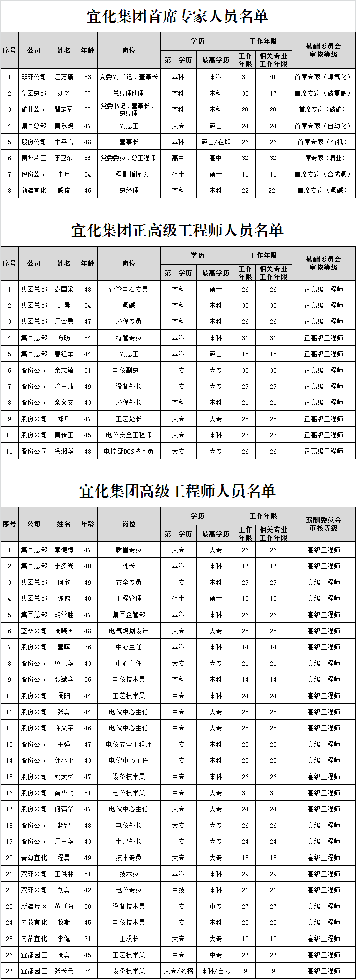 宜化集團首席專家、正高級工程師、高級工程師評審結果公示